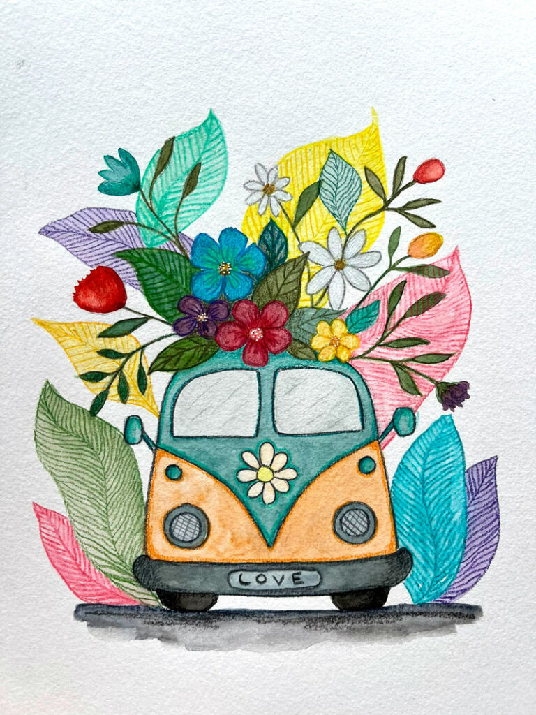 Dibujo con acuarelas y lápices de colores